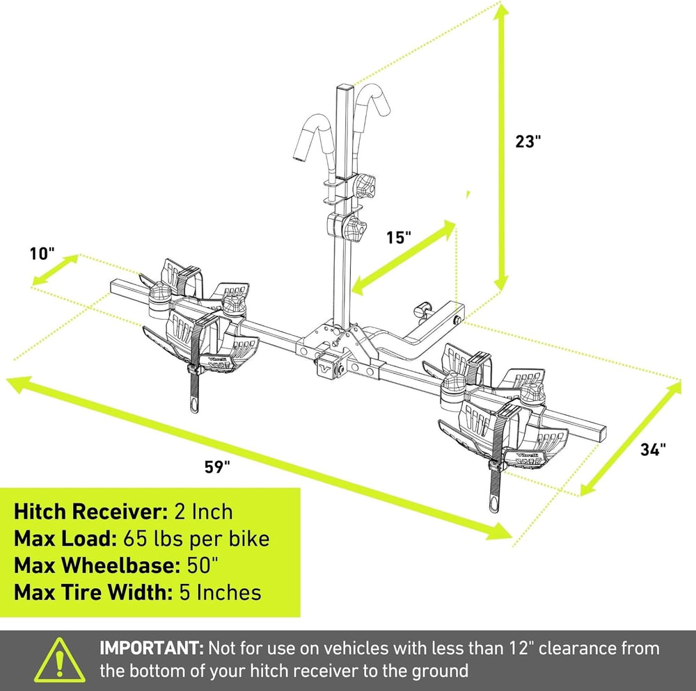 Vibrelli Porte-attelage de vélo électrique – 2 Porte-vélos électriques pour Gros pneus, VTT, vélos Standard – 29,5 kg par vélo – Anti-oscillation breveté – Voitures et VUS – Plateforme