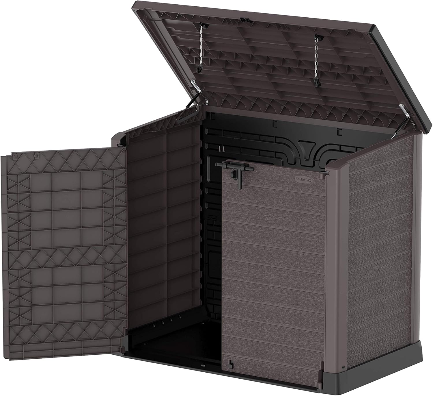 Duramax StoreAway 1200L Plastic Garden Shed/ Flat Lid,Outdoor Storage Shed,Wheelie Bin Hideaways,Wheelie bin box,Durable Construction,Ideal for Bikes,BBQs & 2x 240L Bins,145x85x125 cm,Brown