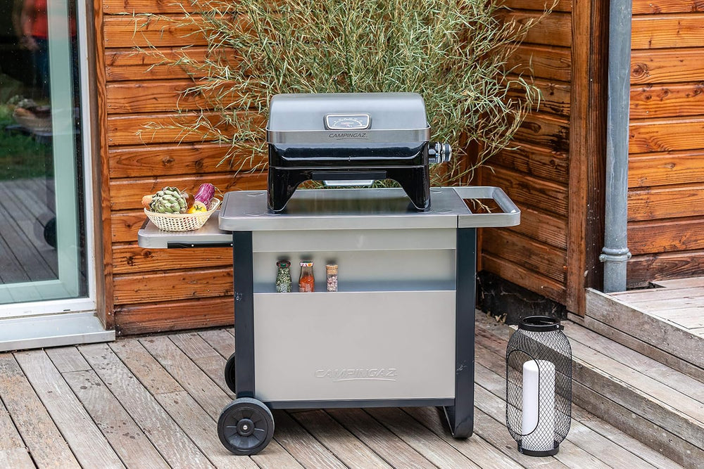 Attitude2go,Barbecue de Table  Faible fume,BBQ Portable, Couvercle,thermomtre,et Grille en Fonte,Alimentation : Cartouche de gaz CV 470 Plus,Gris