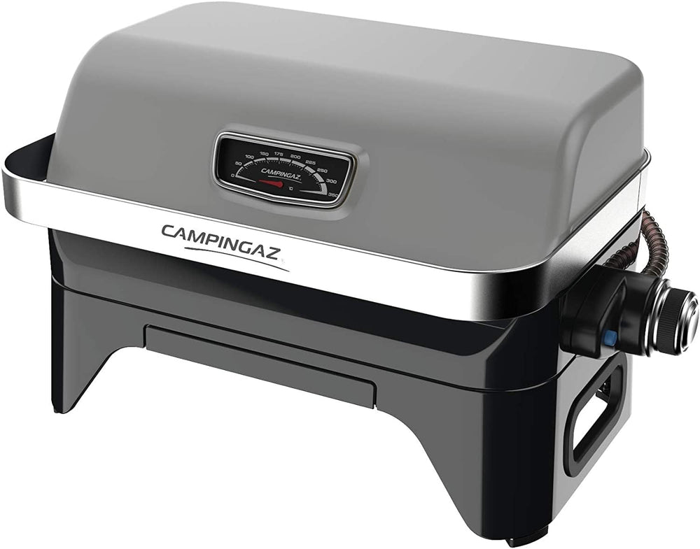 Attitude2go,Barbecue de Table  Faible fume,BBQ Portable, Couvercle,thermomtre,et Grille en Fonte,Alimentation : Cartouche de gaz CV 470 Plus,Gris
