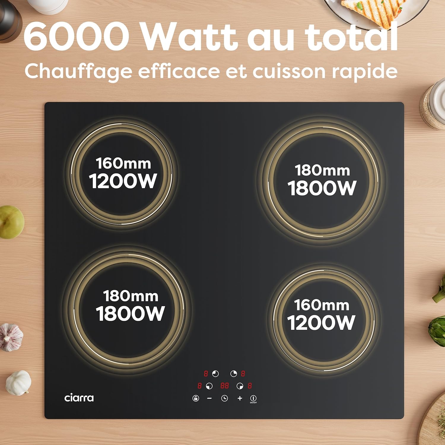 CIARRA Plaque à Induction 4 Feux 6000W - Commande Tactile - Plaque de Cuisson Encastrable - 9 Niveaux de Puissance- Minuteur - Verrouillage Enfant - CABBIH4-D