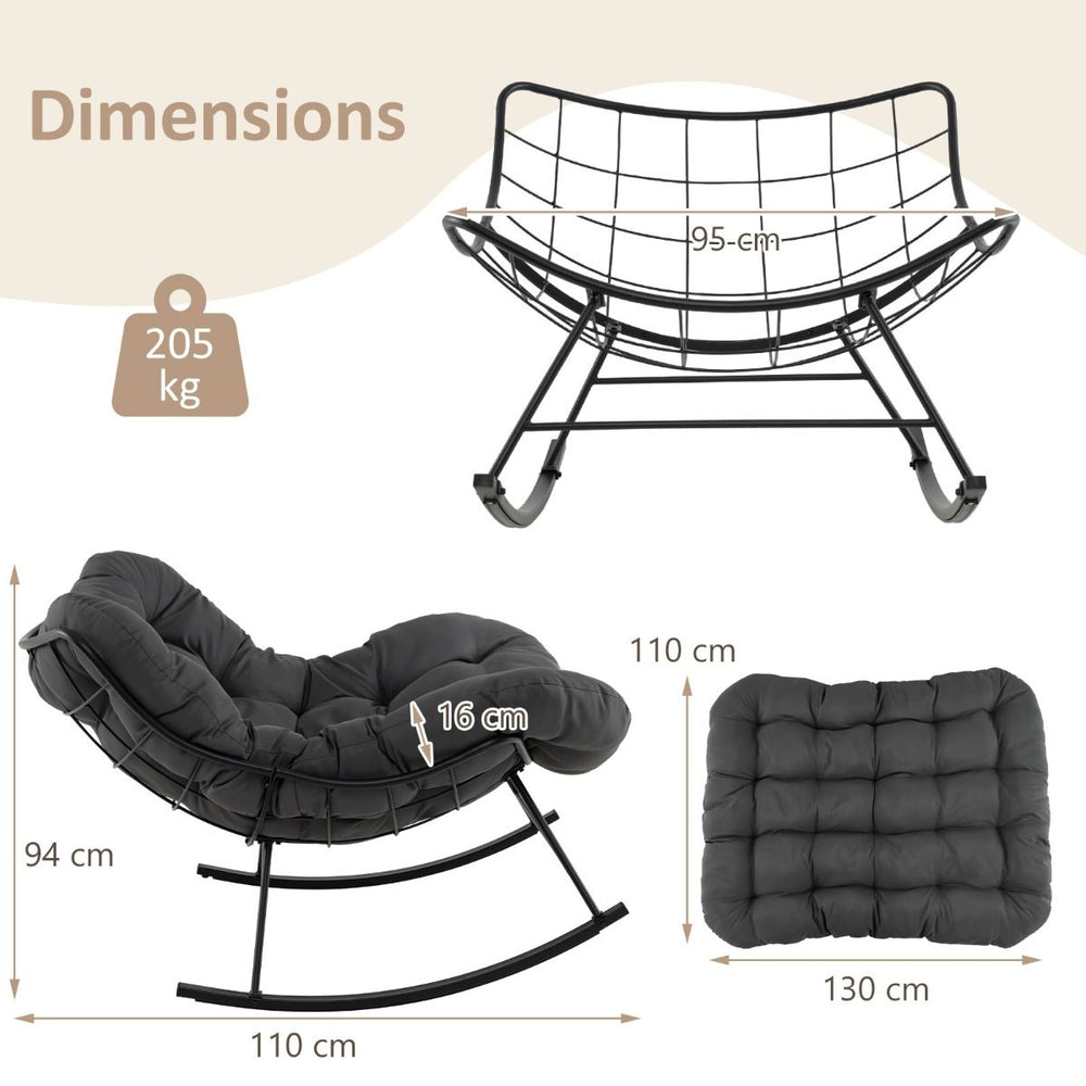 Chaise  Bascule d'Intrieur et d'Extrieur Chaise Papasan Surdimensionne avec Coussin Rembourr & Cadre en Mtal Capacit 205 Kg Gris -