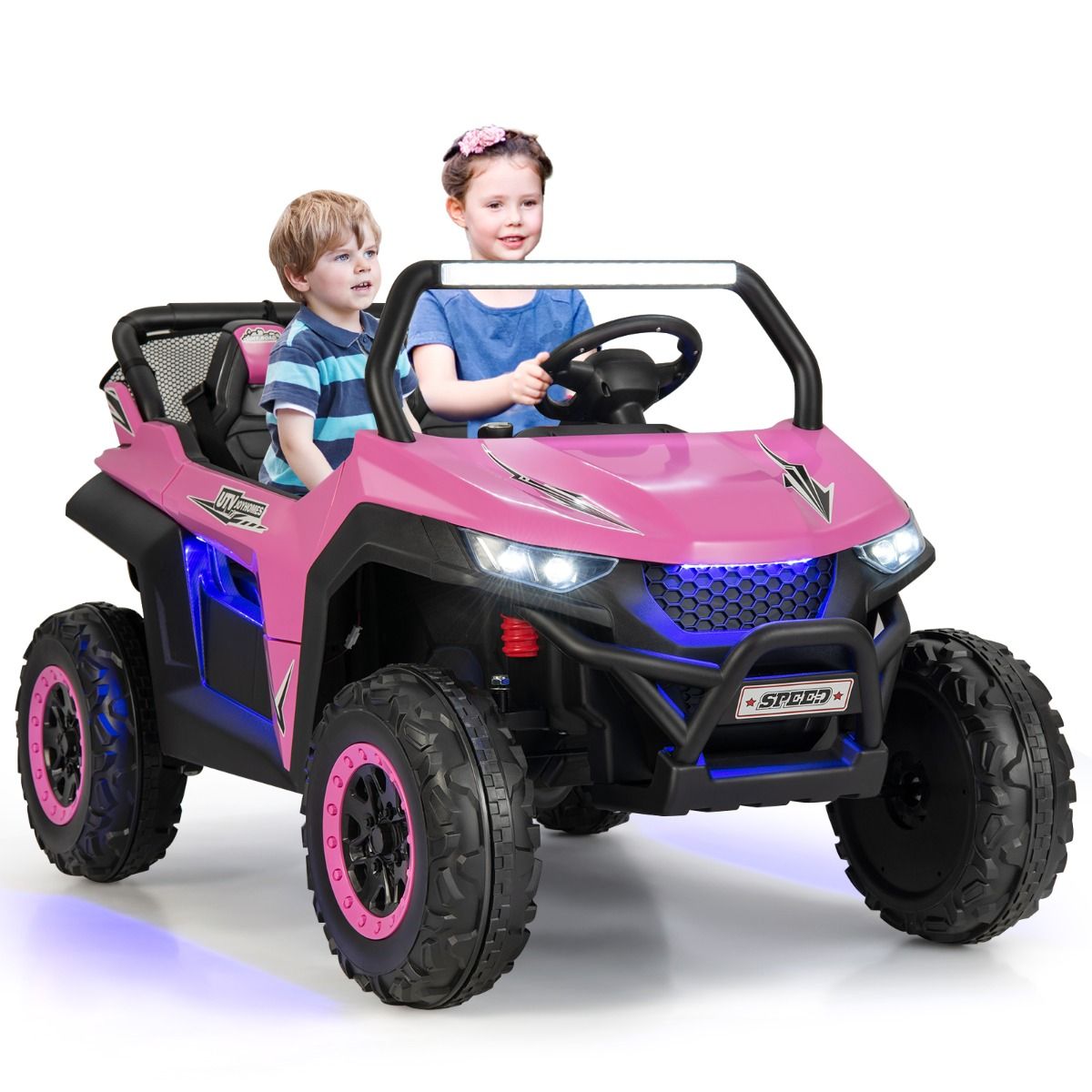 Voiture électrique Enfant 12 V Télécommande pour 3-8 Ans 2 Vitesses Ressort de Suspension Charge 59KG 118x74x71CM Noir/Rose/Rouge -