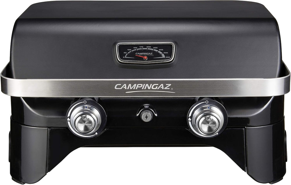 Attitude2go,Barbecue de Table  Faible fume,BBQ Portable, Couvercle,thermomtre,et Grille en Fonte,Alimentation : Cartouche de gaz CV 470 Plus,Gris