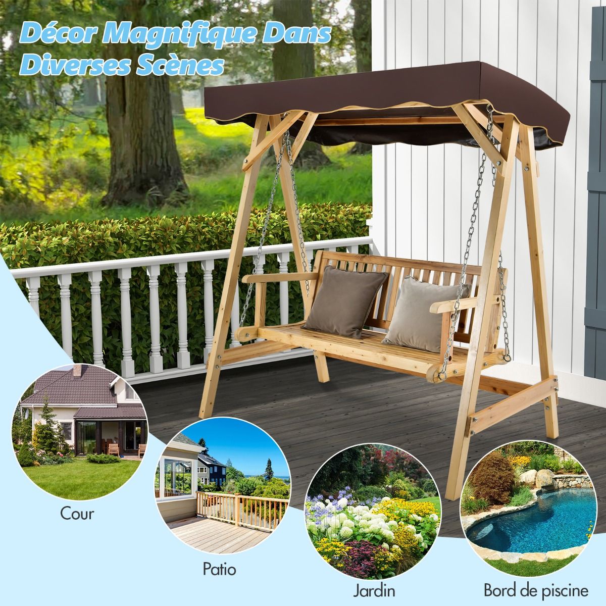 Balancelle de Jardin 2 Places en Bois avec Toit Inclinable Imperméable Chaîne Métallique Réglable Charge 240KG Cadre en A pour Jardin Véranda Cour -