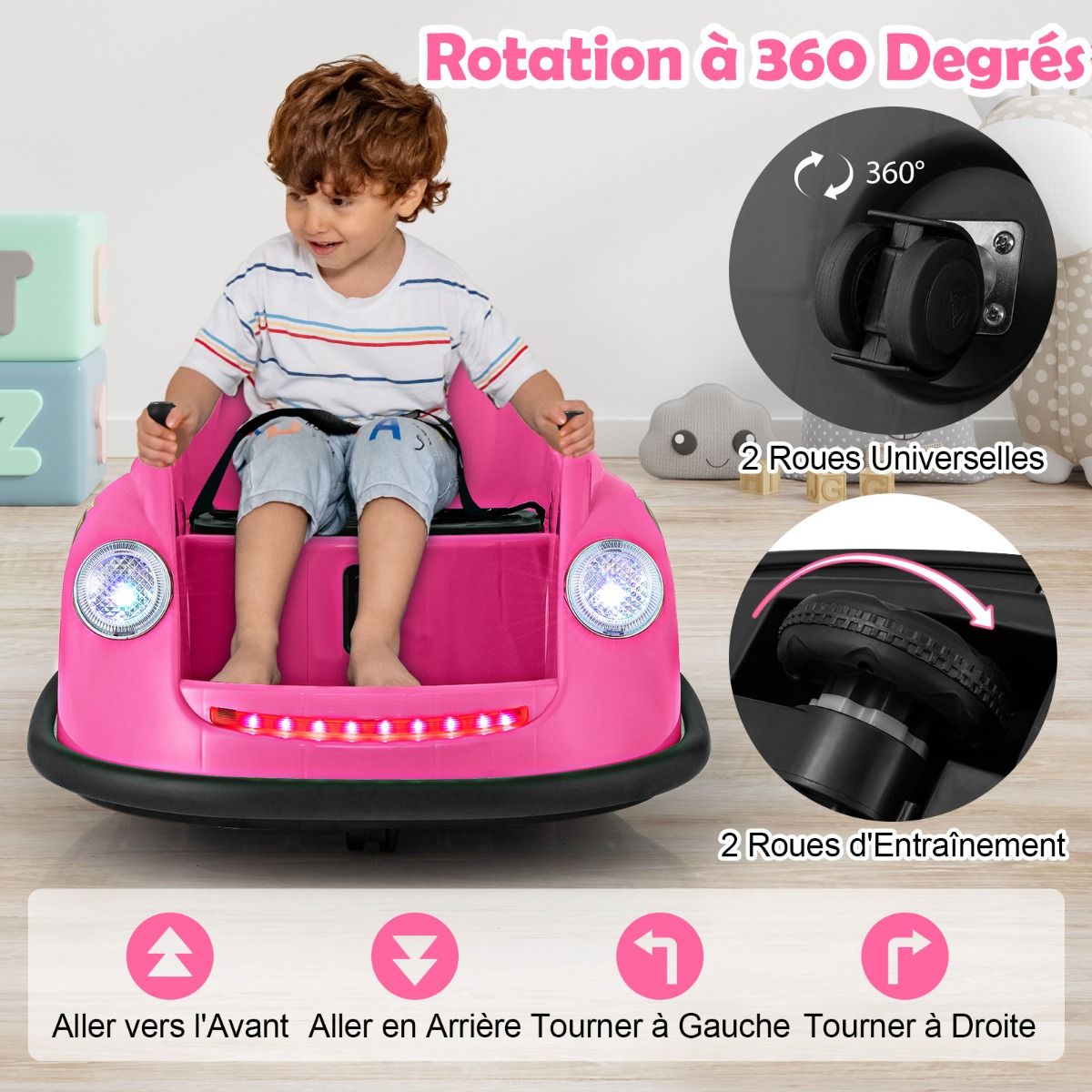 Auto-tamponneuse Electrique 12V pour Enfants Alimente par Batterie Tlcommande Lumires LED Musique pour les 2-5 Ans Rose/Rouge/Bleu -