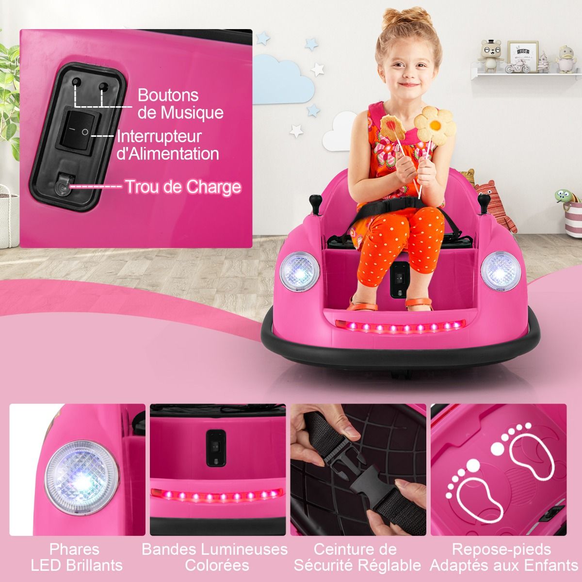 Auto-tamponneuse Electrique 12V pour Enfants Alimentée par Batterie Télécommande Lumières LED Musique pour les 2-5 Ans Rose/Rouge/Bleu -