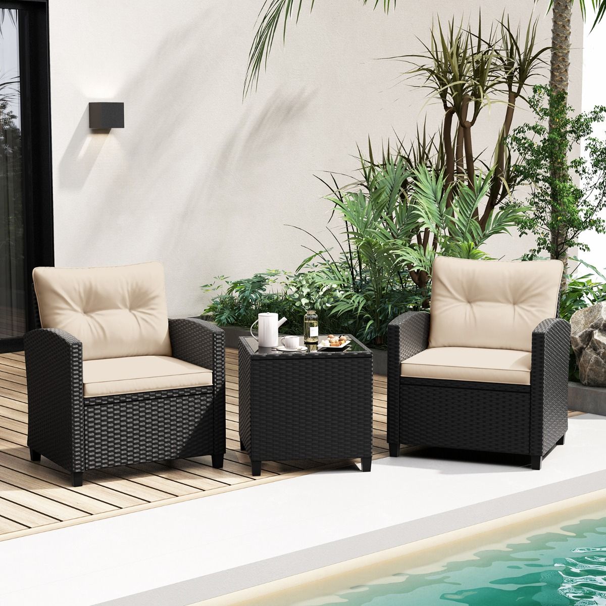 Ensemble de Meubles 3 Pièces de Patio en Rotin Charge 180KG Salon de Jardin 2 Fauteuils Table Basse avec Plateau Noir/Beige/Blanc -