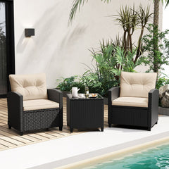 Ensemble de Meubles 3 Pièces de Patio en Rotin Charge 180KG Salon de Jardin 2 Fauteuils Table Basse avec Plateau Noir/Beige/Blanc -