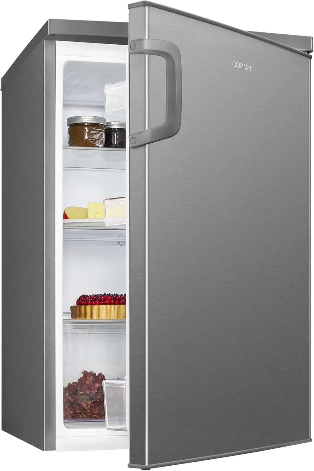 Bomann Réfrigérateur 133L inox VS2195-1-inox, Capacité nette : 133 litres, Éclairage intérieur à DEL, Contrôle de la température en continu, 3 clayettes en verre
