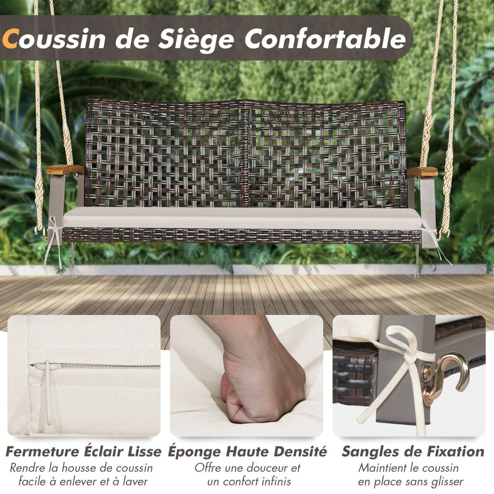 Banc Suspendu de Jardin en Rotin 2 Place Accoudoirs en Bois d'Acacia Cadre en Mtal Coussin Cordes Crochets Blanc/Noir -