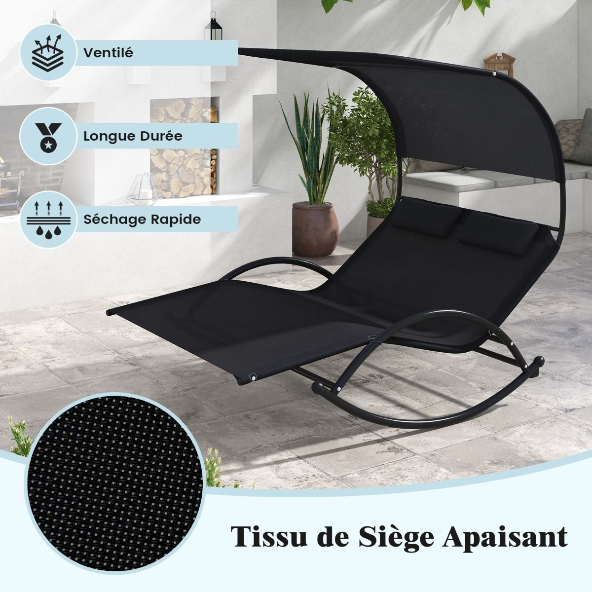 Chaise Longue Double Chaise  Bascule pour 2 Personnes 2 Appui-T锚tes Amovibles Cadre en Mtal Robuste Lit de Repos Ergonomique 2 Places Gris/Noir/Beige -