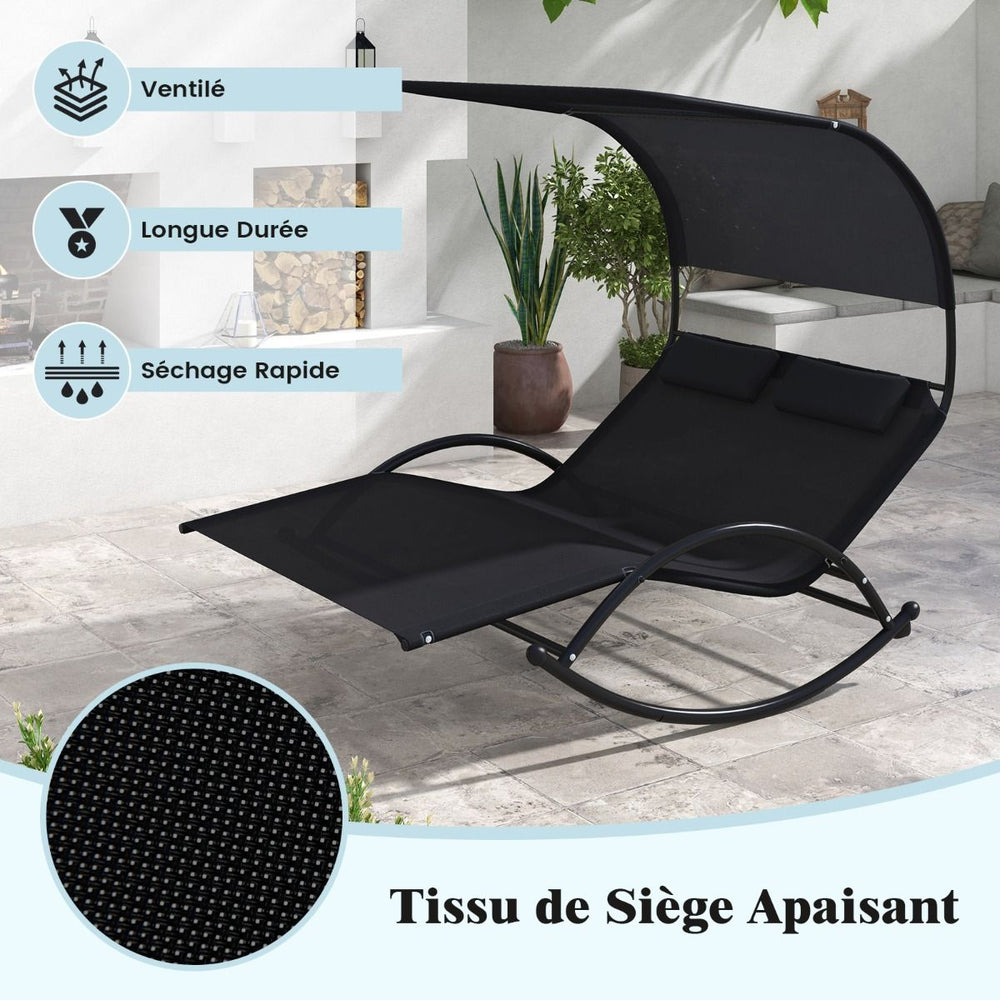 Chaise Longue Double Chaise  Bascule pour 2 Personnes 2 Appui-T锚tes Amovibles Cadre en Mtal Robuste Lit de Repos Ergonomique 2 Places Gris/Noir/Beige -