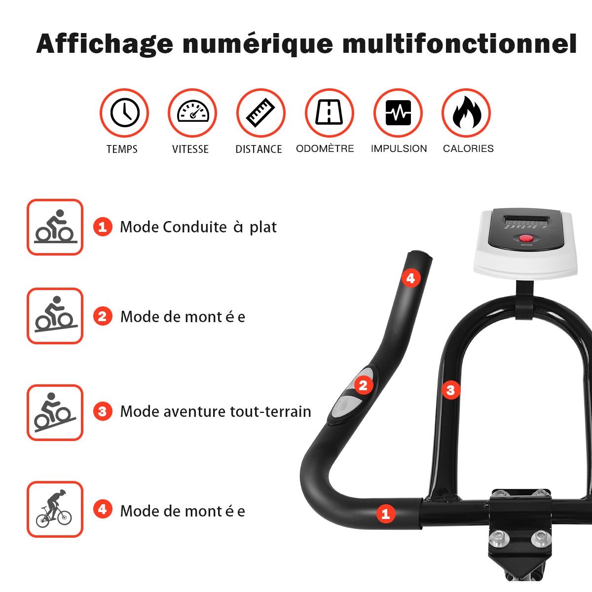 Vélo D’appartement Vélo Silencieux avec Courroie et Roue D’inertie en Fer de 10kg Guidon et Selle Ajustable Noir + Rouge -