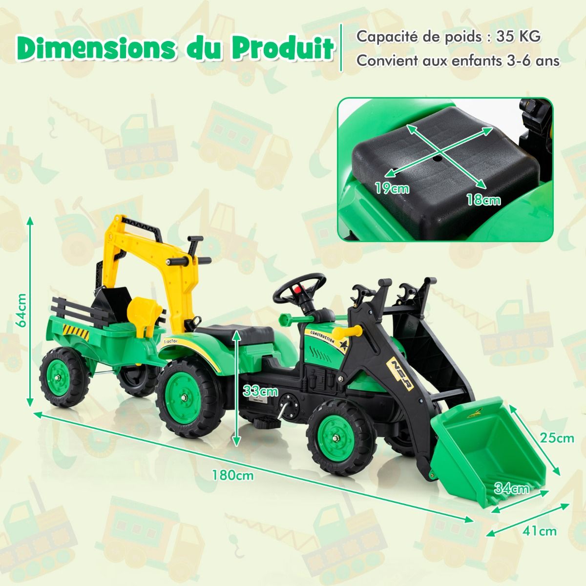 3 en 1 Tracteur pour Enfant avec 6 Roues Jouet Pelle Remorque Amovible avec Volant Klaxon 3  6 Ans Jaune/Vert -
