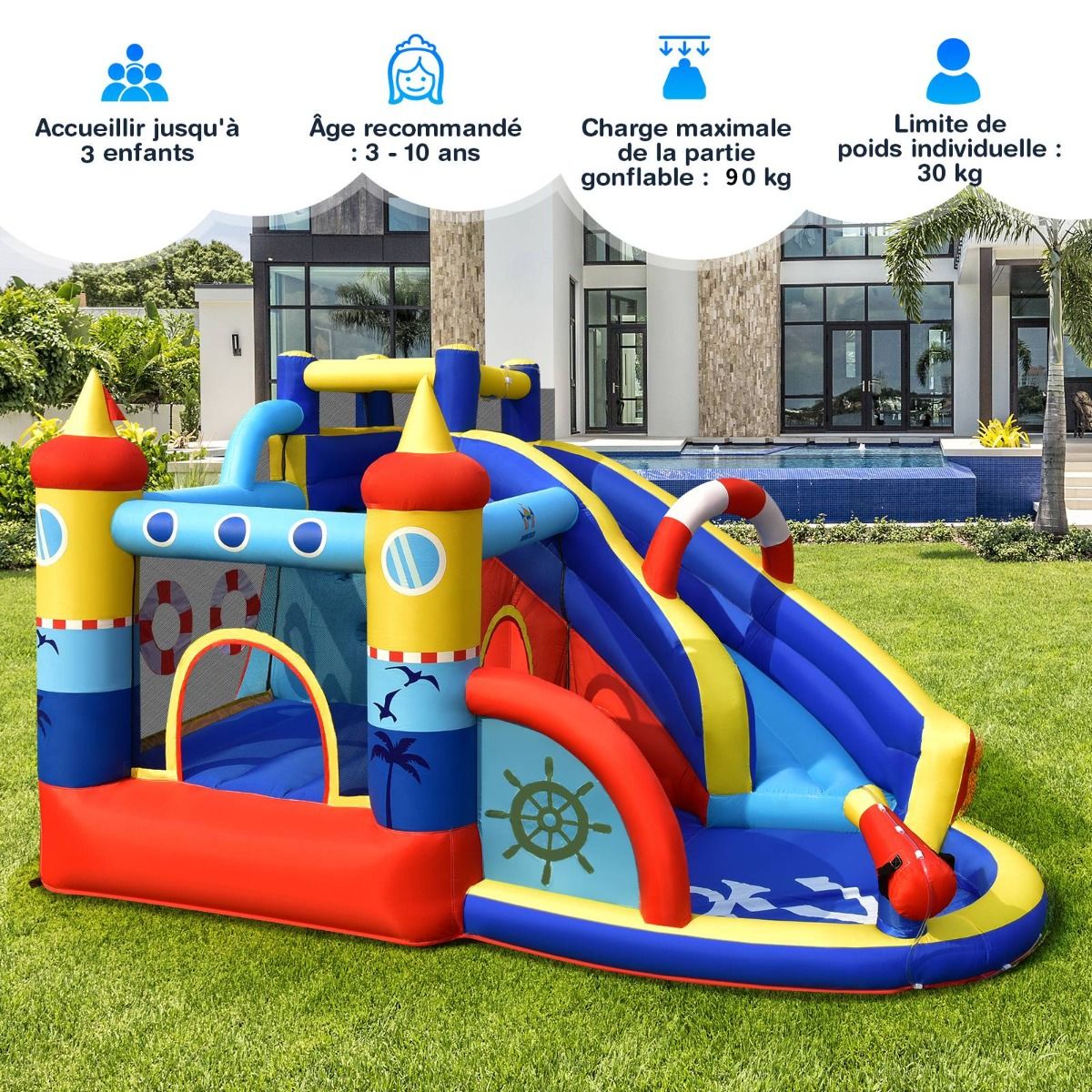 Ch芒teau Gonflable Style Bateau avec Toboggan Incurv Zone de Saut Mur d'Escalade Gonfleur non Inclus -