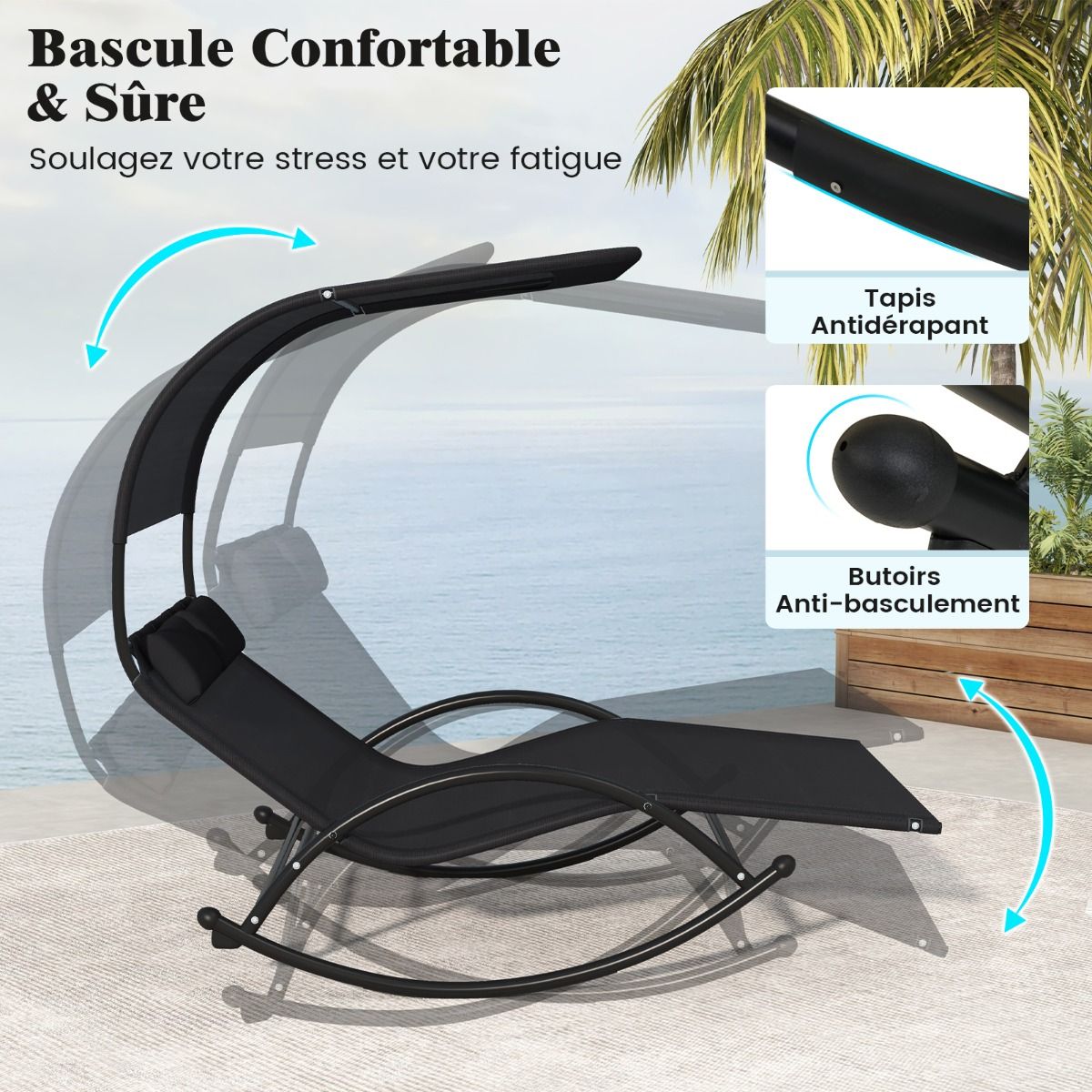 Chaise Longue Double Chaise à Bascule pour 2 Personnes 2 Appui-Têtes Amovibles Cadre en Métal Robuste Lit de Repos Ergonomique 2 Places Gris/Noir/Beige -
