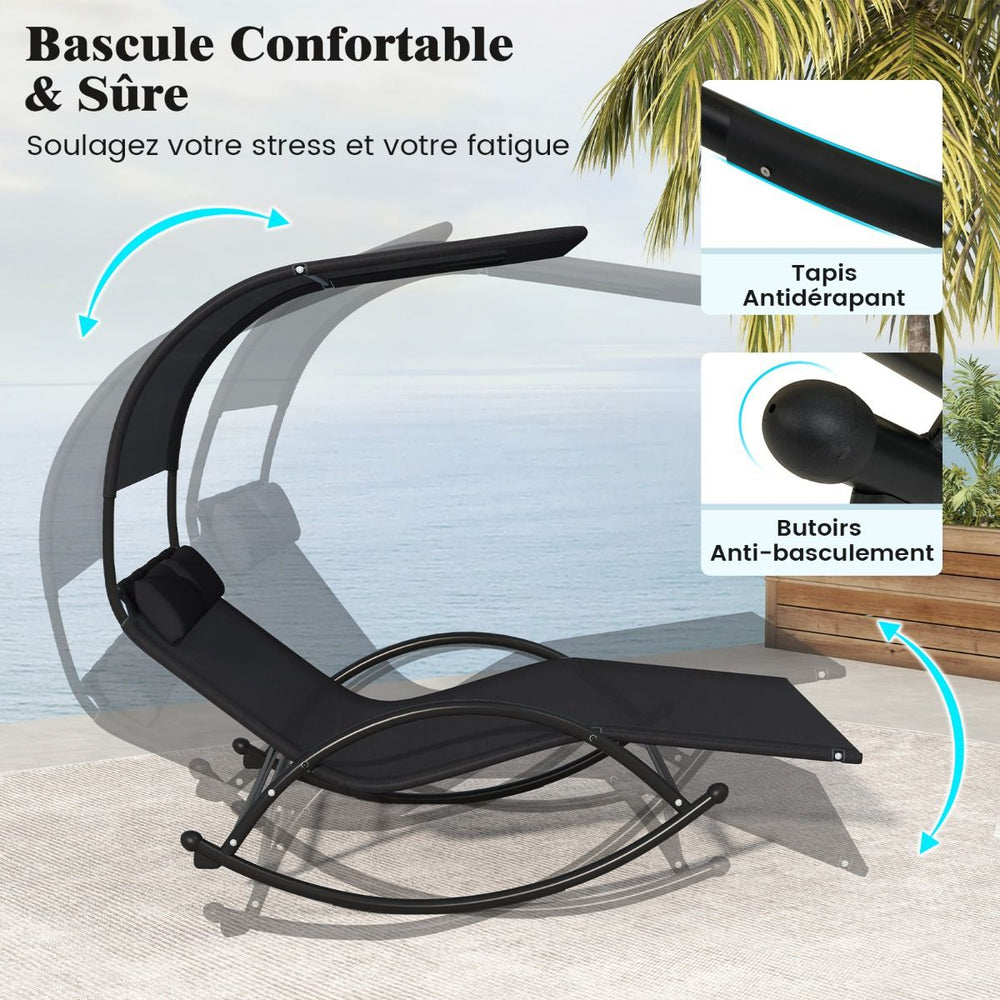 Chaise Longue Double Chaise à Bascule pour 2 Personnes 2 Appui-Têtes Amovibles Cadre en Métal Robuste Lit de Repos Ergonomique 2 Places Gris/Noir/Beige -