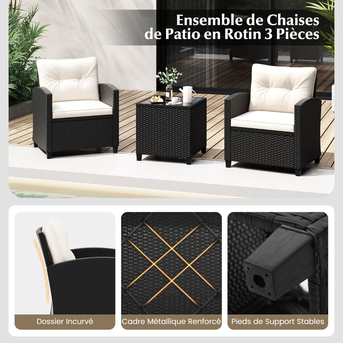 Ensemble de Meubles 3 Pièces de Patio en Rotin Charge 180KG Salon de Jardin 2 Fauteuils Table Basse avec Plateau Noir/Beige/Blanc -