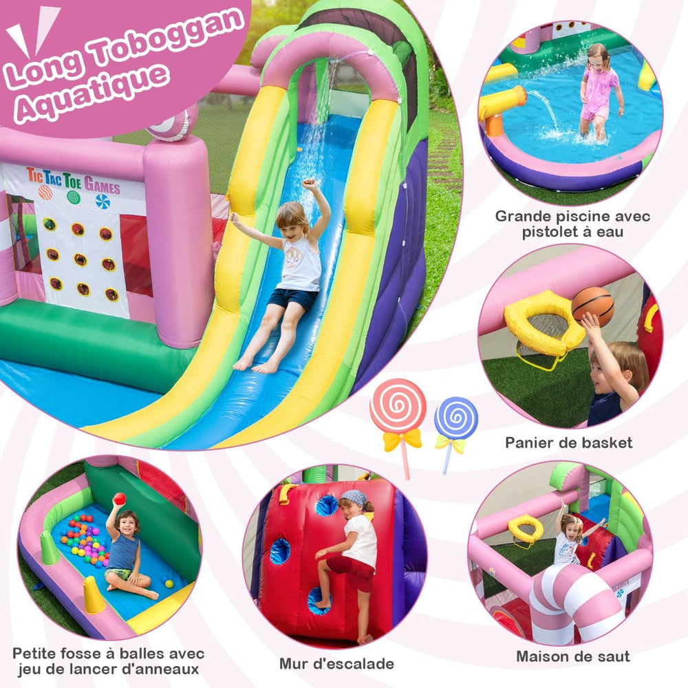 9 en 1 Château Gonflable en Forme Bonbons avec Toboggan Maison de Saut Gonflable avec Pistolet à Eau Charge 90kg pour 2 Enfants de 3-10 Ans -