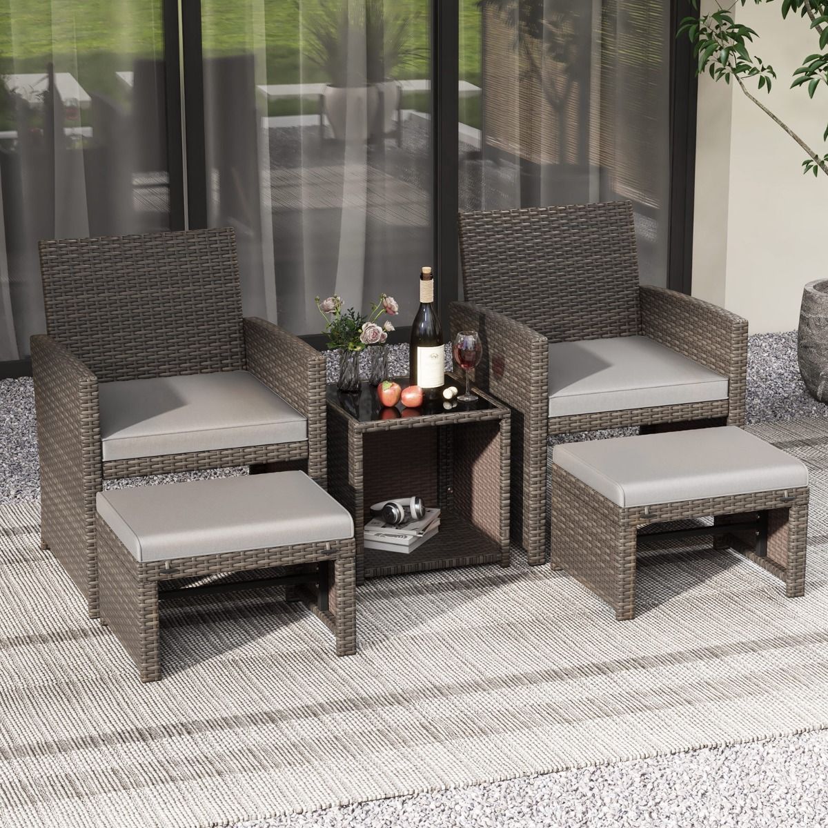 Ensemble Meuble de Salon 5PCS Salon de Jardin en Rotin PE avec Coussin pour Balcon Piscine Terrasse Gris/Blanc -