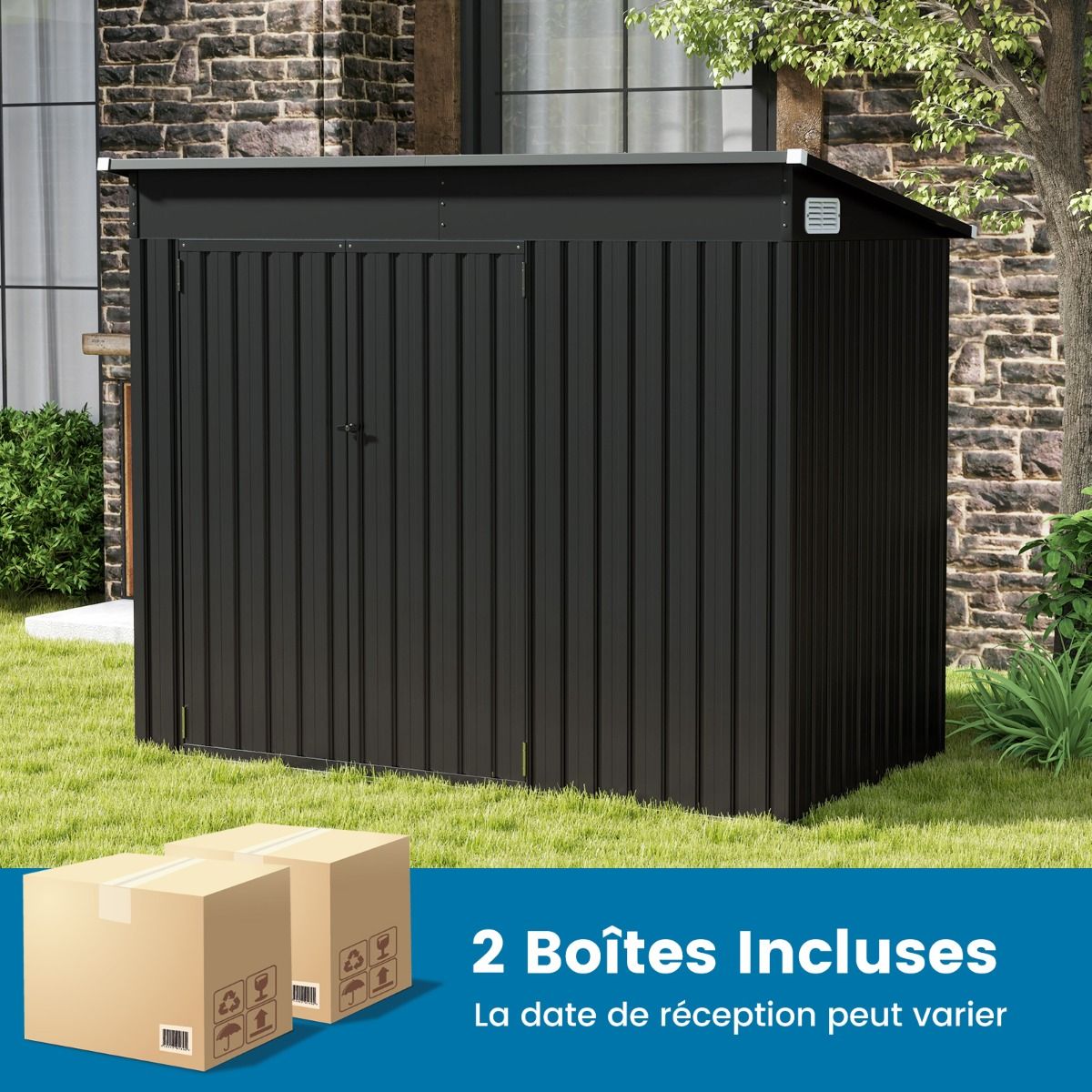 Abri de Jardin Extérieur Abri à Outils de Jardin avec 2 Portes Design Incliné Aérations Cadre en Métal Galvanisé 235x117x185cm Gris Foncé -