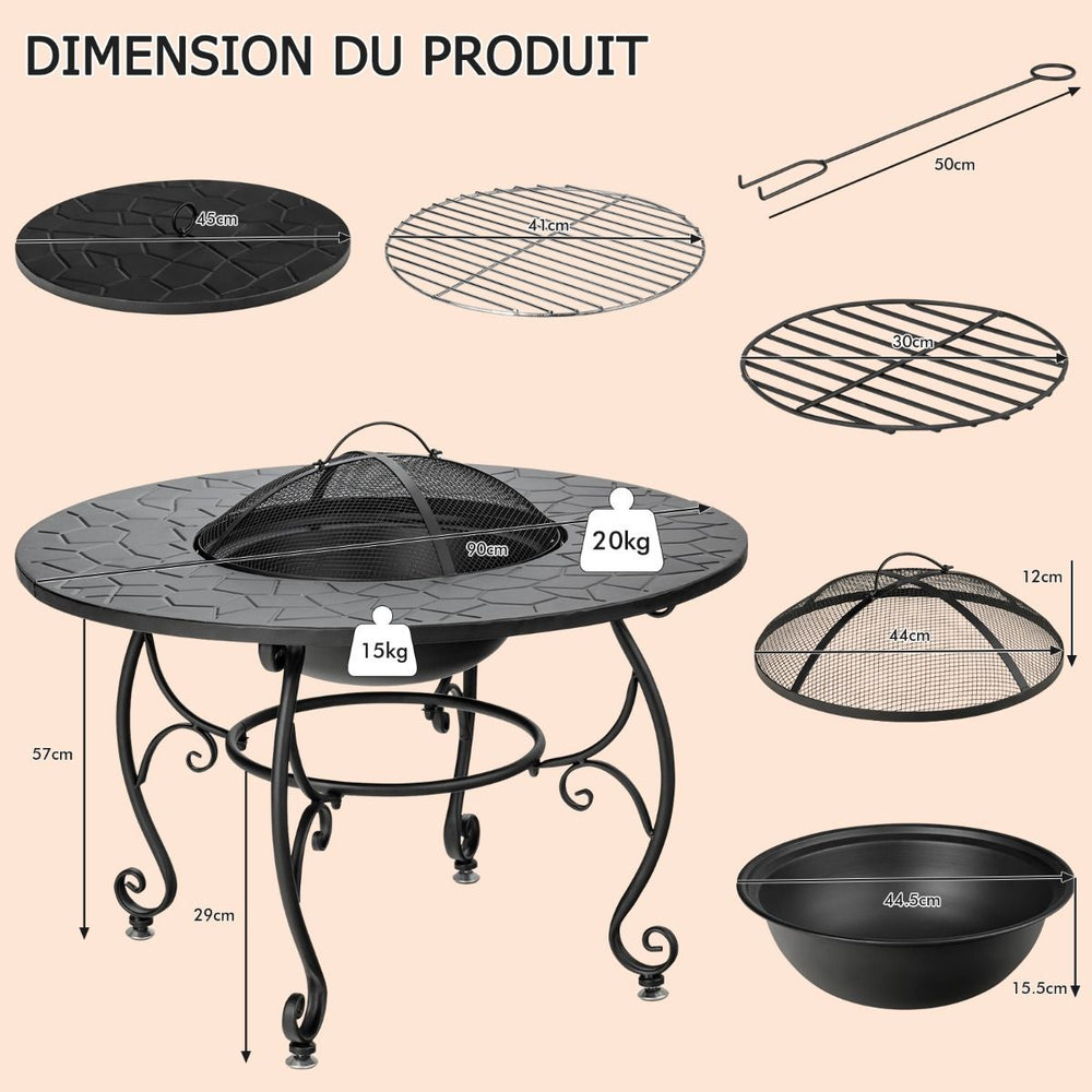 Brasero Extrieur pour Jardin 80 x 80 x 70 cm Foyer rond 4 en 1 avec Brasero Grille de Cuisson Grille en Bois -