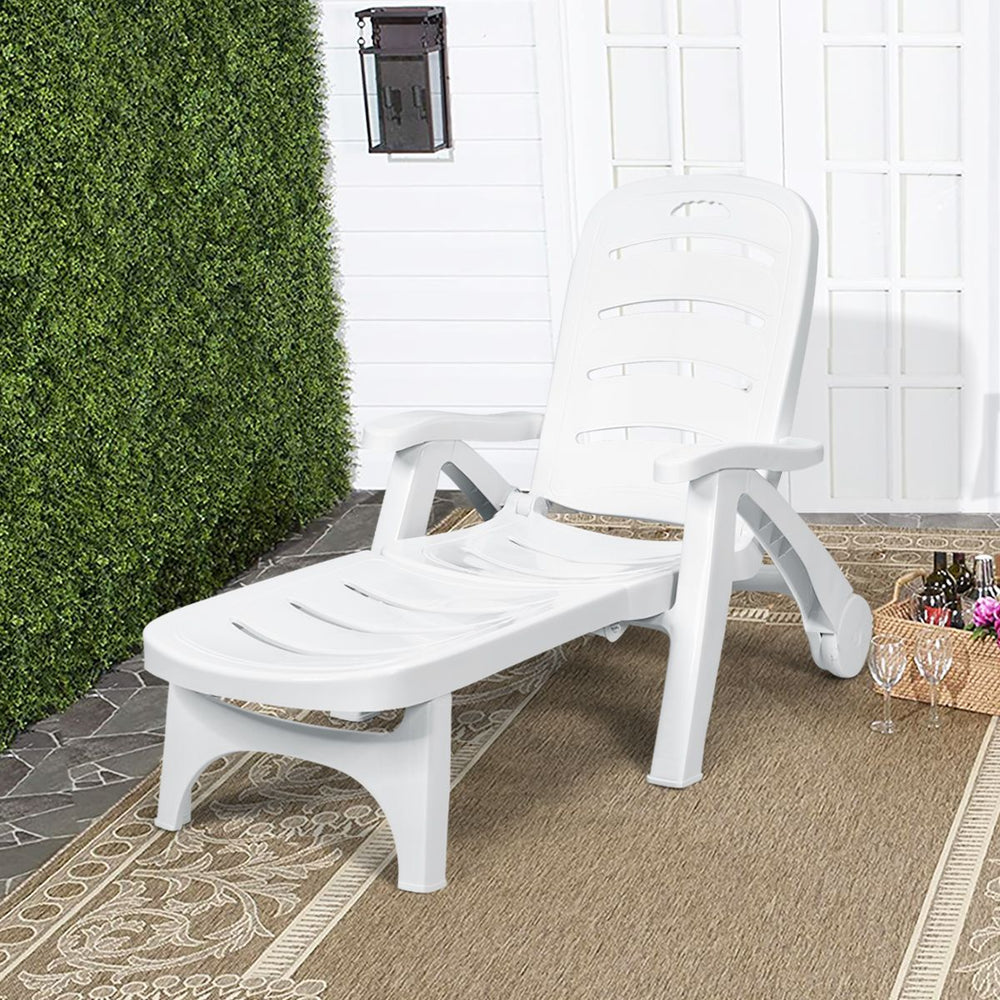 Chaise Longue Pliable Dossier Inclinable à 5 Positions avec Roues Intégrées pour Terrasse Jardin Piscine 150 kg Gris/Blanc/Bleu -