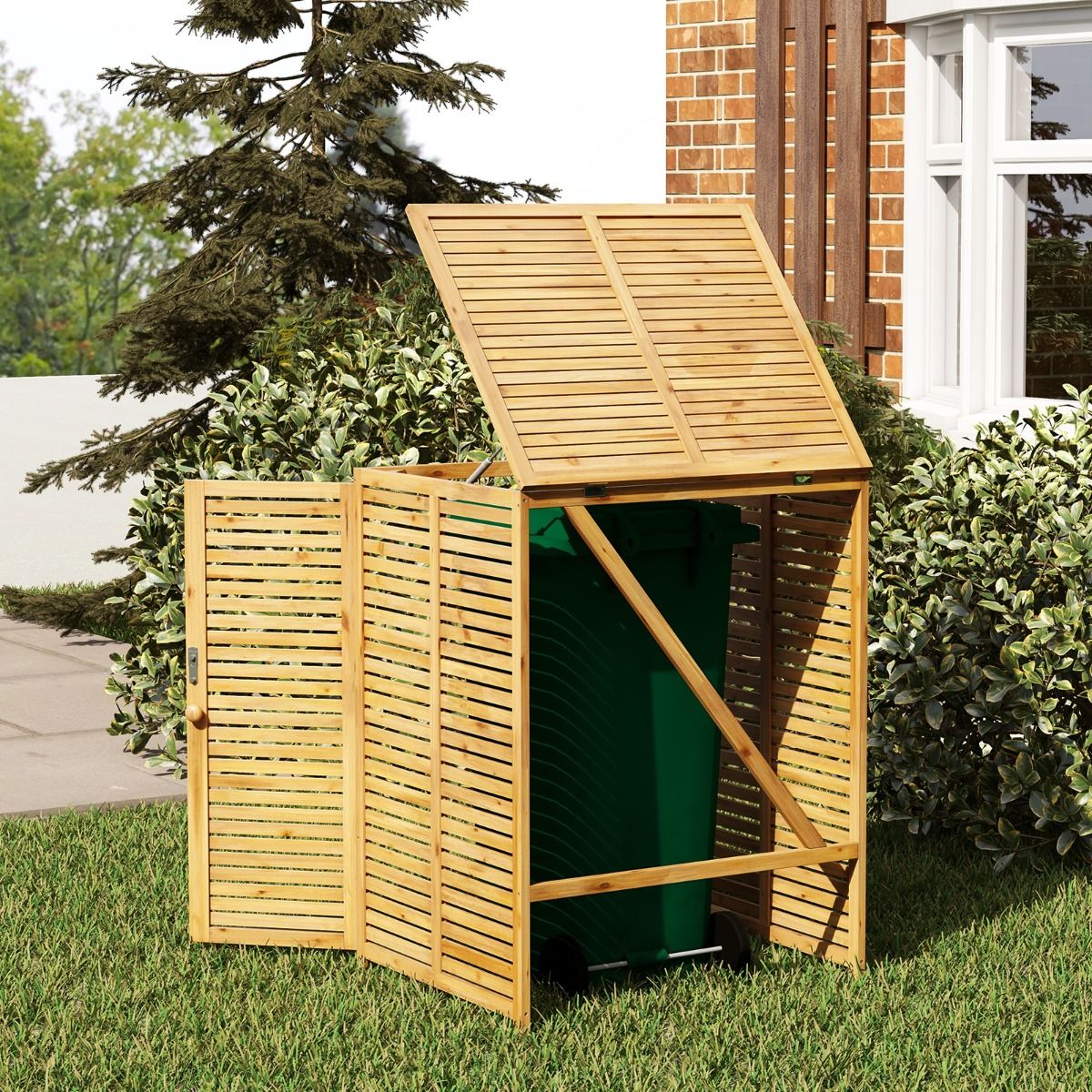 Abri  Poubelle en Bois de 120 L Abri pour Outils d'Extrieur avec Couvercle Ouvrable Doubles Portes Loquet de Verrouillage Naturel -