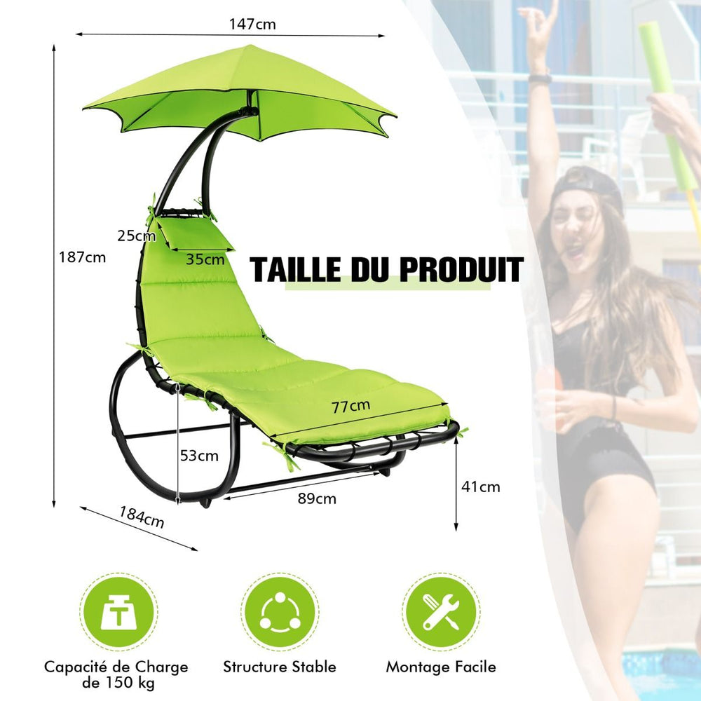 Bain de Soleil  Bascule Transat Suspendu avec Pare-Soleil & Coussin Hamac Charge 150KG 184 cm x 147 cm x 187 cm Vert -