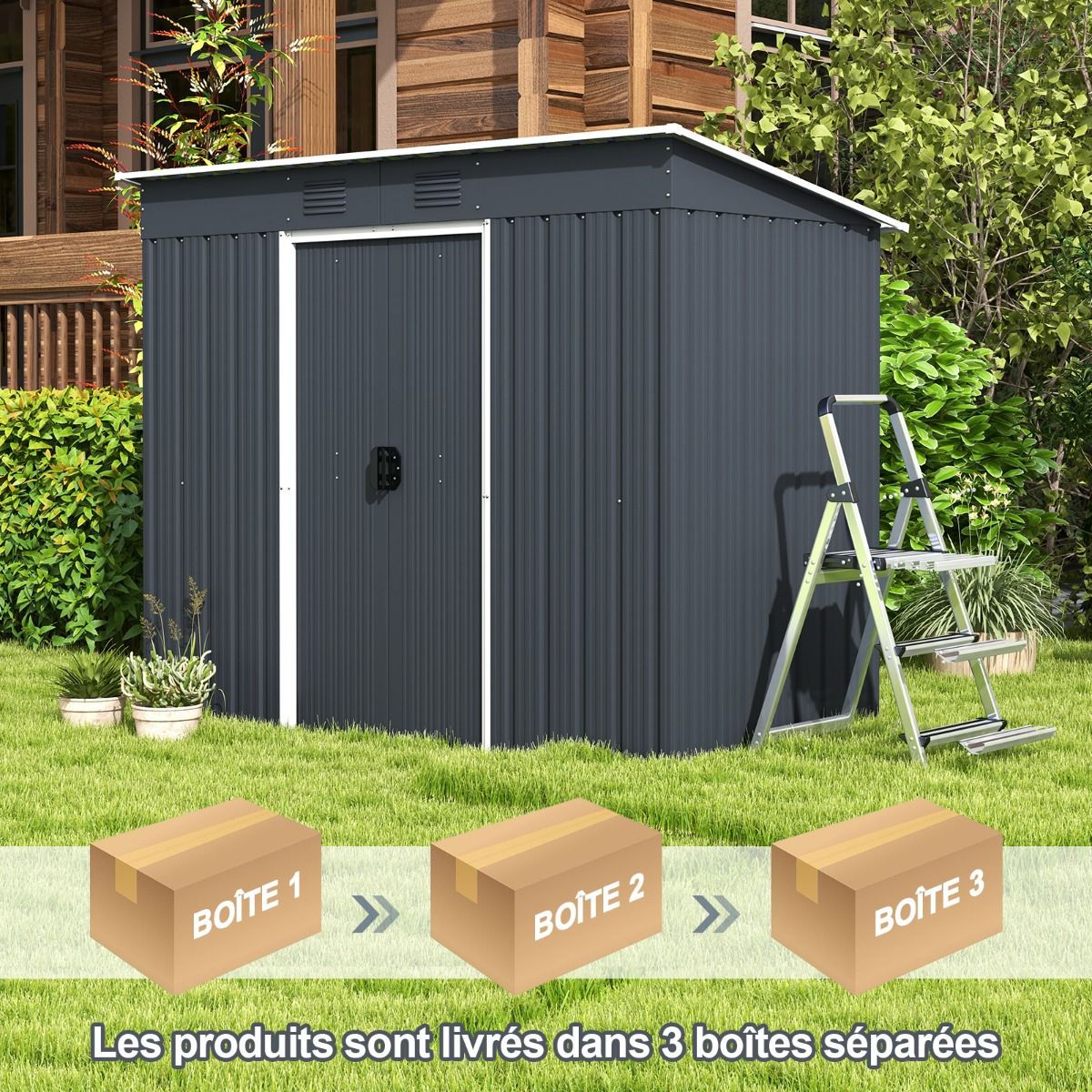 Abri de Jardin Métal 2,4 ㎡ Toit Monopente Cabane de Jardin 2 Portes Coulissantes Verrouillables Fondation 2 Trous d'Aération Gris -