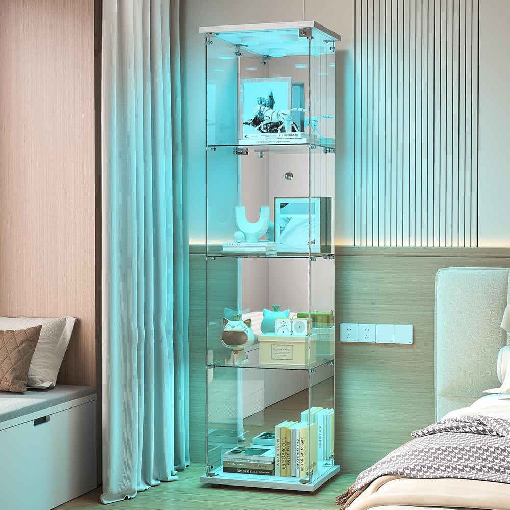BPKADHY Vitrine sur pied en verre à 4 couches - 1 porte - Lampe LED et serrure avec paroi arrière miroir - Armoire de salon pour objets de collection et livres - Blanc