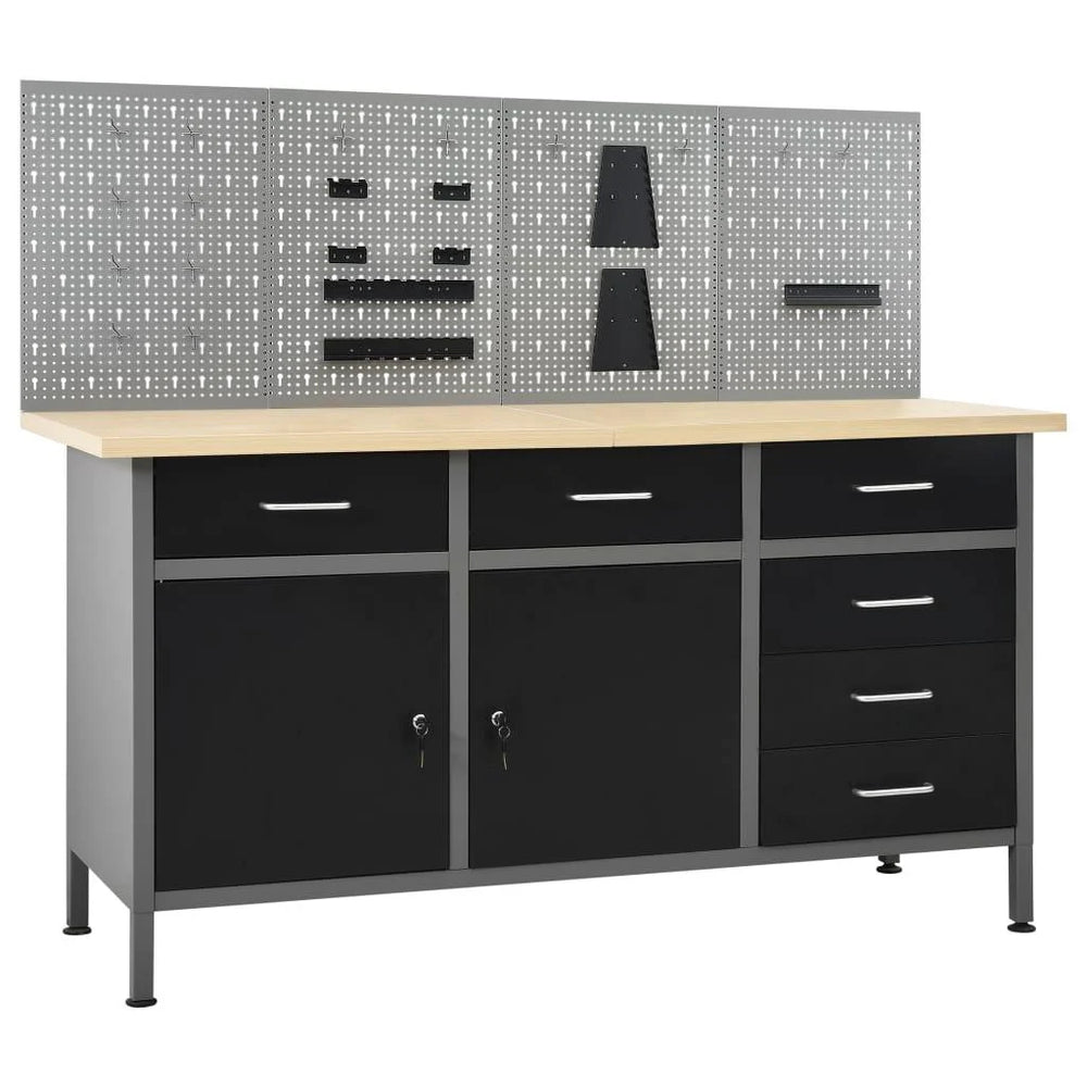 Etabli avec 4 panneaux muraux table de travail poste de travail stockage rangement d'outils 160 cm garage atelier pieds rglables en hauteur 02_0003666 -