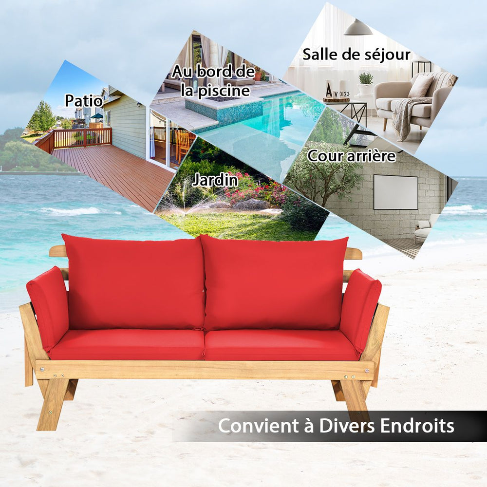 Chaise Longue Convertible avec Coussin Canapé de Jardin 2 en 1 en Bois d’Acacia avec Accoudoir Réglable pour Patio Piscine Jardin Blanc/Gris/Bleu/Rouge -