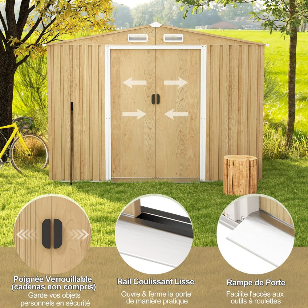 Abri de Rangement 259cm x196cm avec Base de Fondation Maison  Outils en Mtal Galvanis avec 4 Arations Impermable et Coupe-vent Naturel -