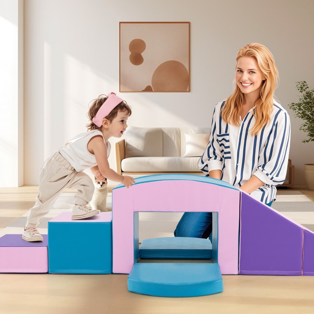 6 Blocs d’Escalade en Mousse Jeu d’Escalade pour Tout-Petits Jeu d’Activité d’Escalade Coloré Tunnel Escaliers et Rampe pour 12+ Mois Coloré/Bleu/Violet -