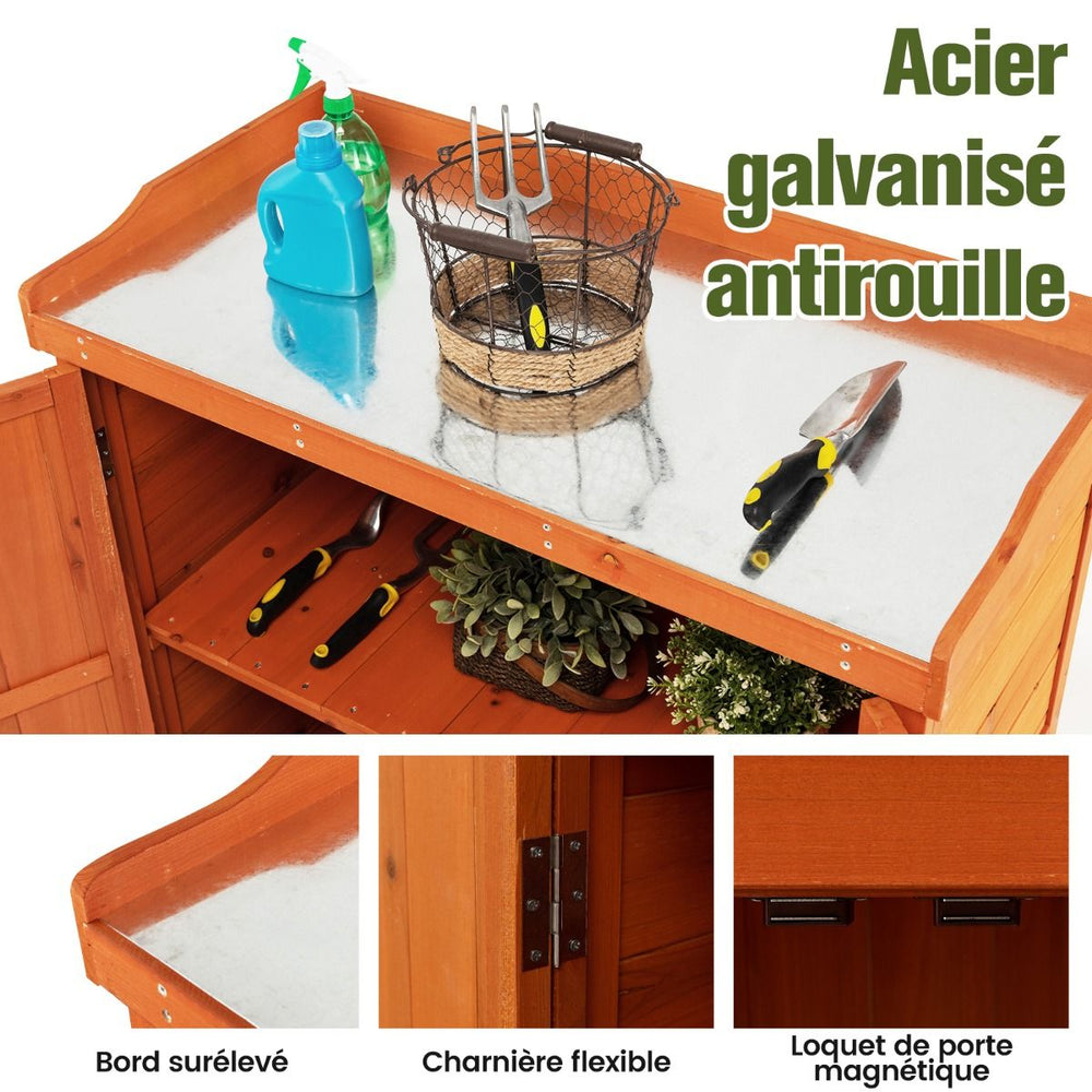 Costwy Rangement de Jardin Armoire en Bois Table de Jardinage avec Etagère Amovible 4 Roues Universelles Plateau en Acier Galvanisé -