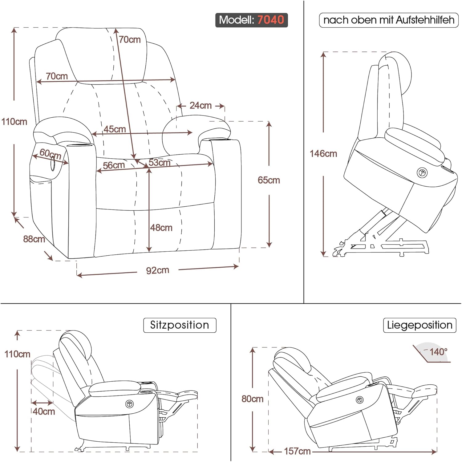 Aide à l'arrimage électrique MCombo, Fauteuil TV, Fauteuil Relaxant, Massage, Chauffage, Connexion USB réglable électriquement, Simili cuir, Noir