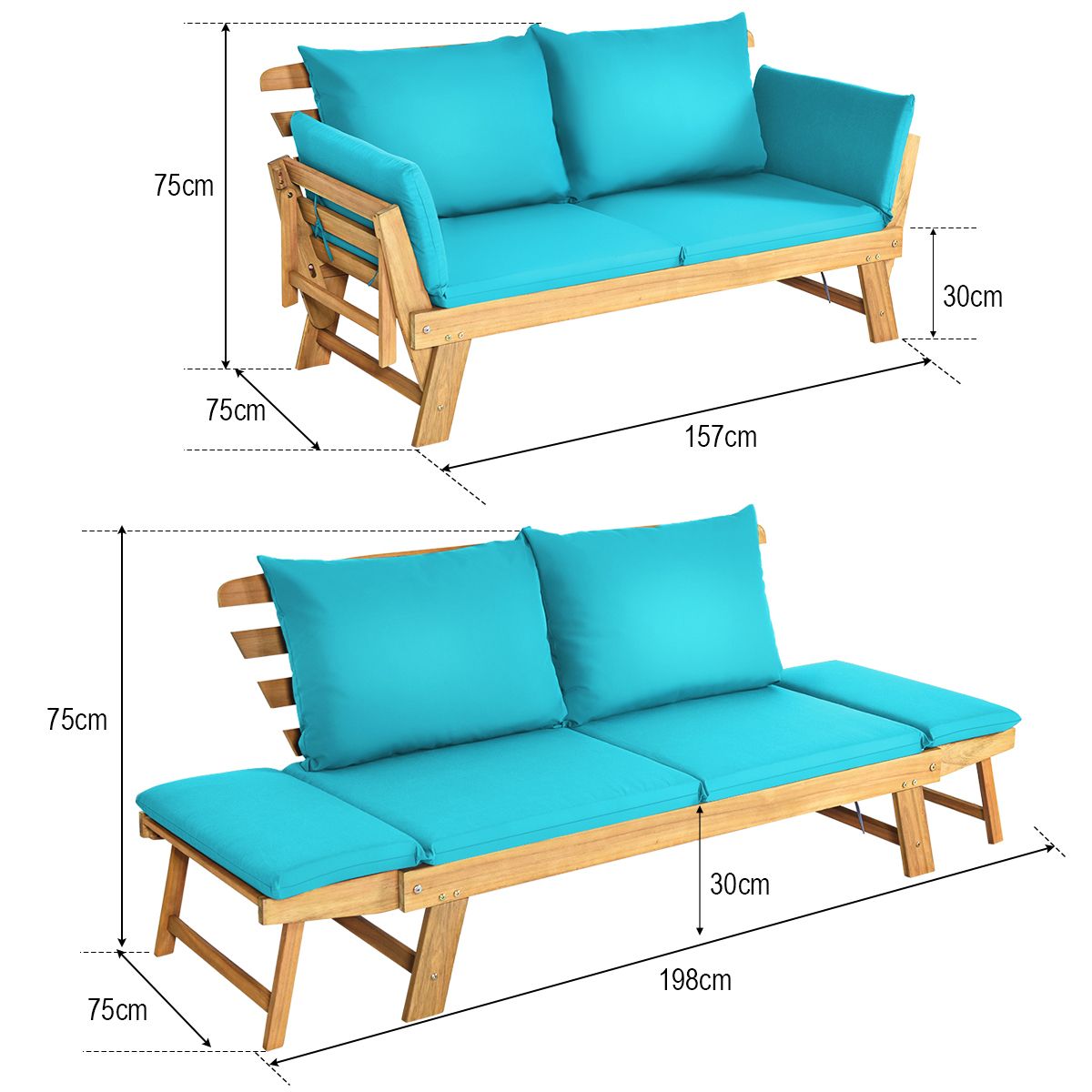 Chaise Longue Convertible avec Coussin Canapé de Jardin 2 en 1 en Bois d’Acacia avec Accoudoir Réglable pour Patio Piscine Jardin Blanc/Gris/Bleu/Rouge -