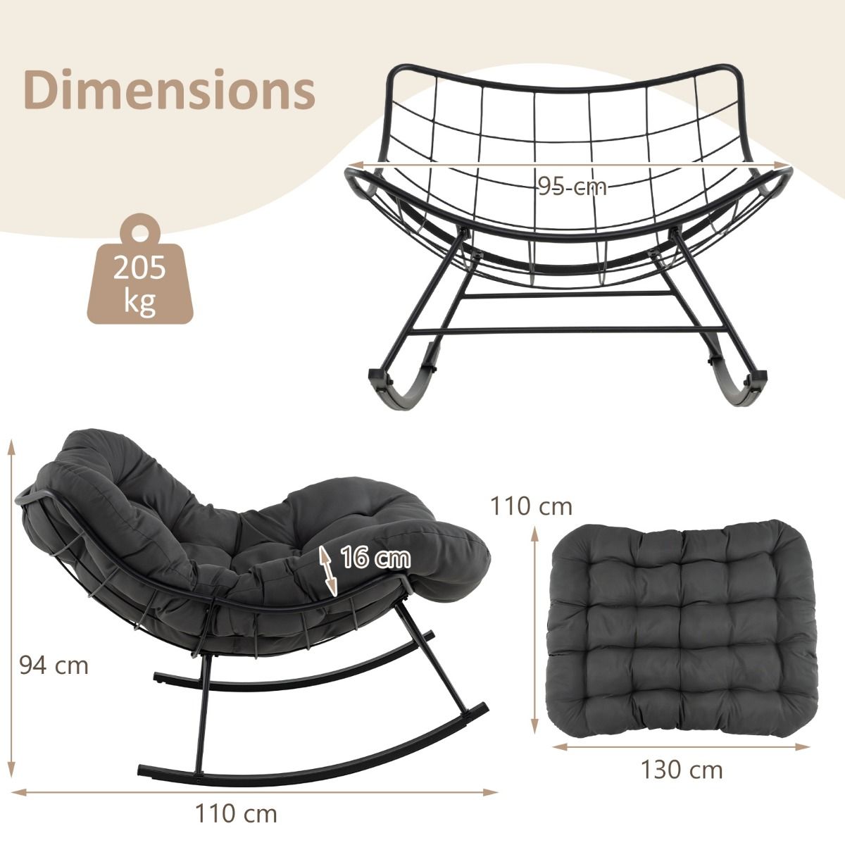 Chaise à Bascule d'Intérieur et d'Extérieur Chaise Papasan Surdimensionnée avec Coussin Rembourré & Cadre en Métal Capacité 205 Kg Gris -