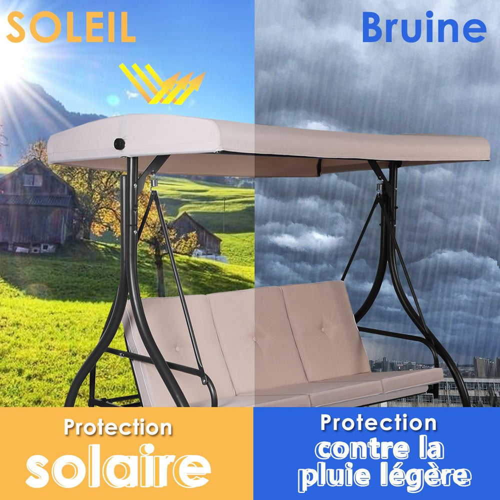 Balancelle d'Extérieur Convertible Jardin Porche Avec Sièges à Coussins Auvent Réglable et Cadre en Métal Enduit Hamac 3 Places Beige -
