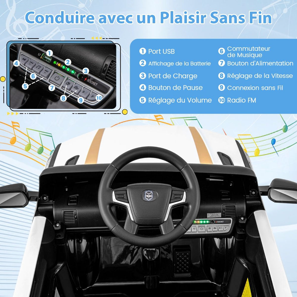 Voiture de Police Electrique Alimente par Batterie 12 V/7 A Tlcommande Connexion Sans Fil Musique Klaxon Sirne Lumires LED Blanc -