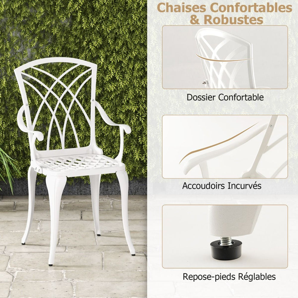 5 Pcs Salon de Jardin en Fonte d'Aluminium Trou pour Parasol Repose-pieds Réglables Ensemble de Table Ronde et 4 Chaises Blanc -