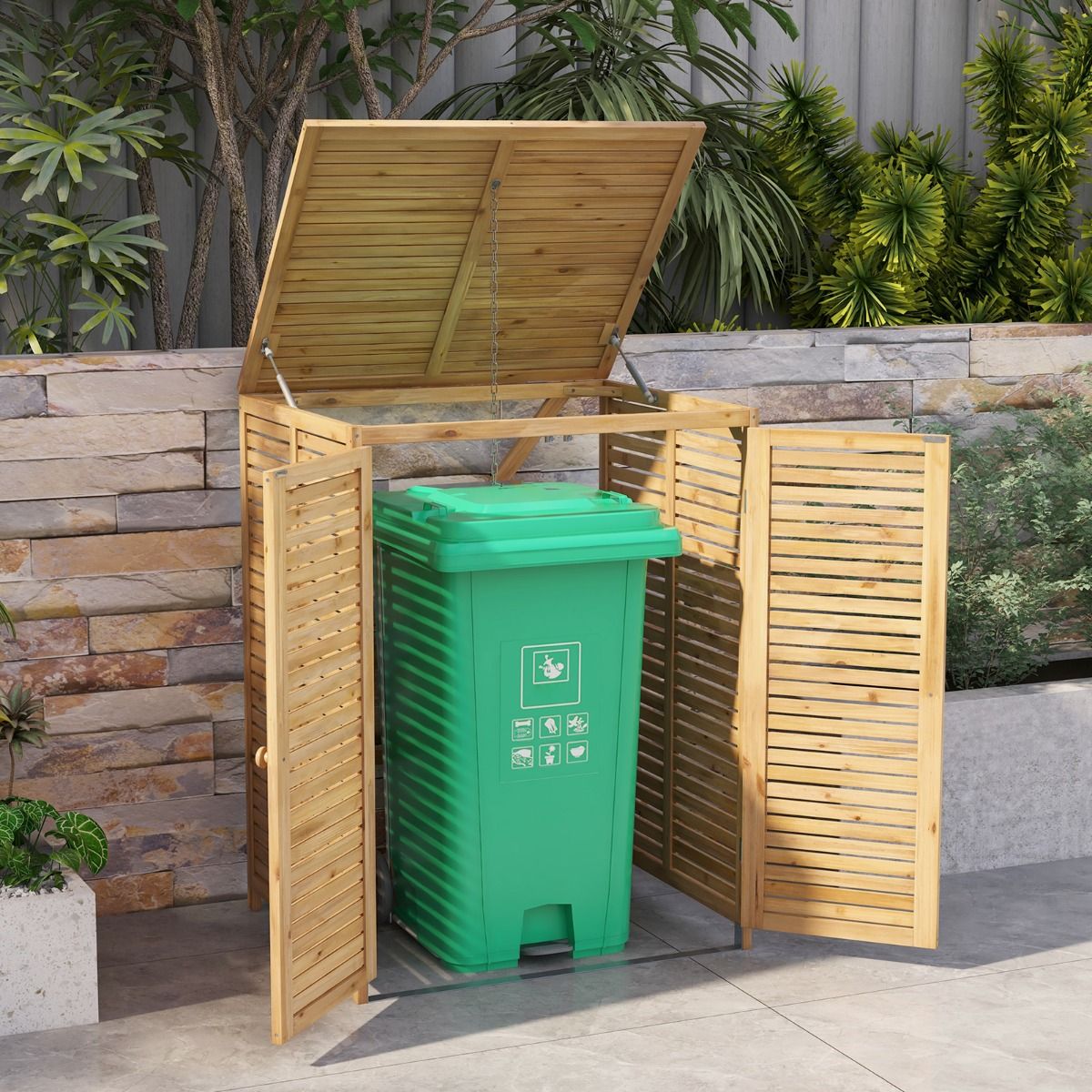 Abri  Poubelle en Bois de 120 L Abri pour Outils d'Extrieur avec Couvercle Ouvrable Doubles Portes Loquet de Verrouillage Naturel -
