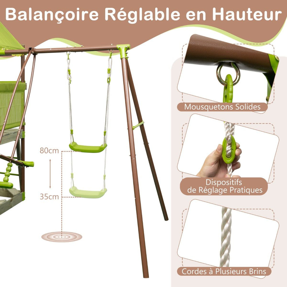 Balanoire 7-en-1 Aire de Jeu en Mtal avec Fort Couvert Rglable en Hauteur Corde d'Escalade Bac  Sable Glisseur Toboggan Ondul Vert -