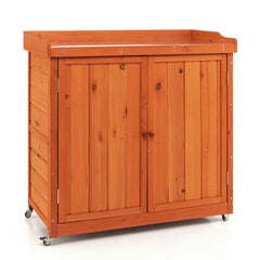 Costwy Rangement de Jardin Armoire en Bois Table de Jardinage avec Etagère Amovible 4 Roues Universelles Plateau en Acier Galvanisé -