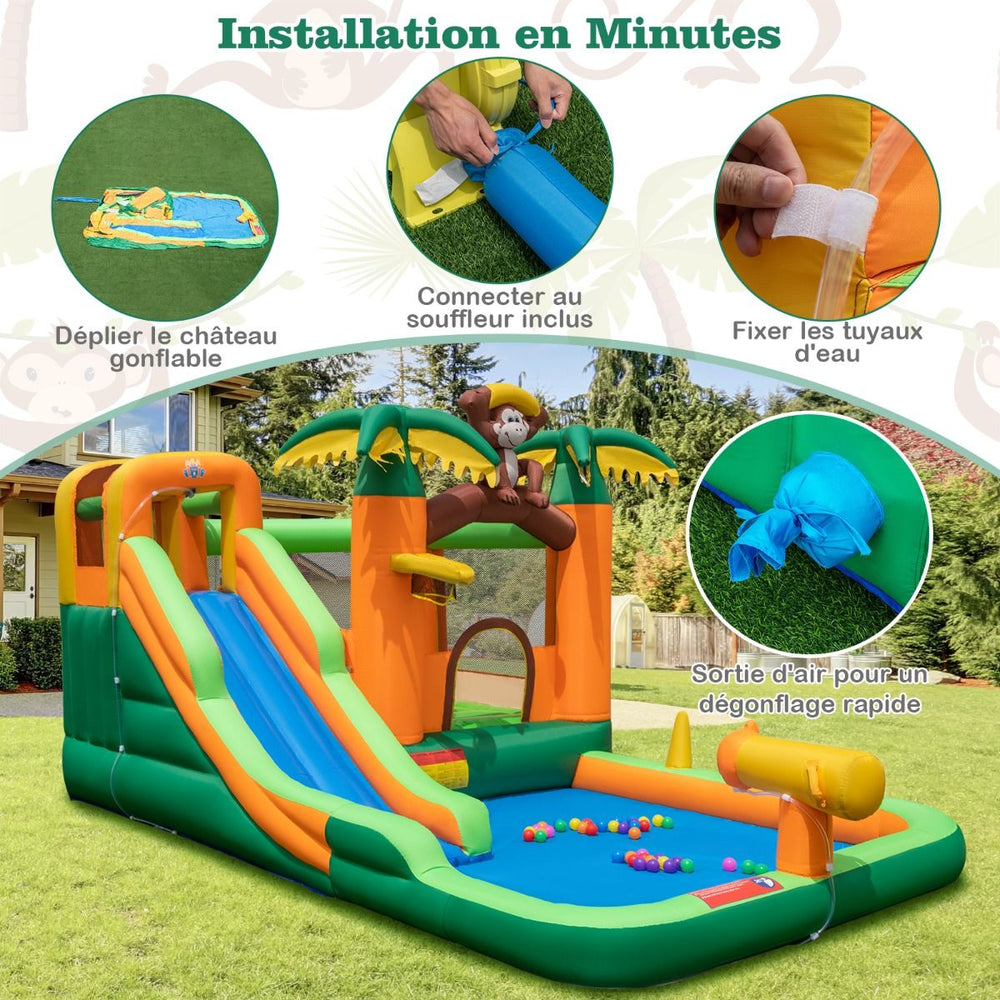 7 en 1 Château Gonflable Tropical à Thème Singe & Palmier avec Toboggan Aquatique avec Piscine & 50 Boules Charge 90kg pour 2 Enfants de 3-10 Ans -