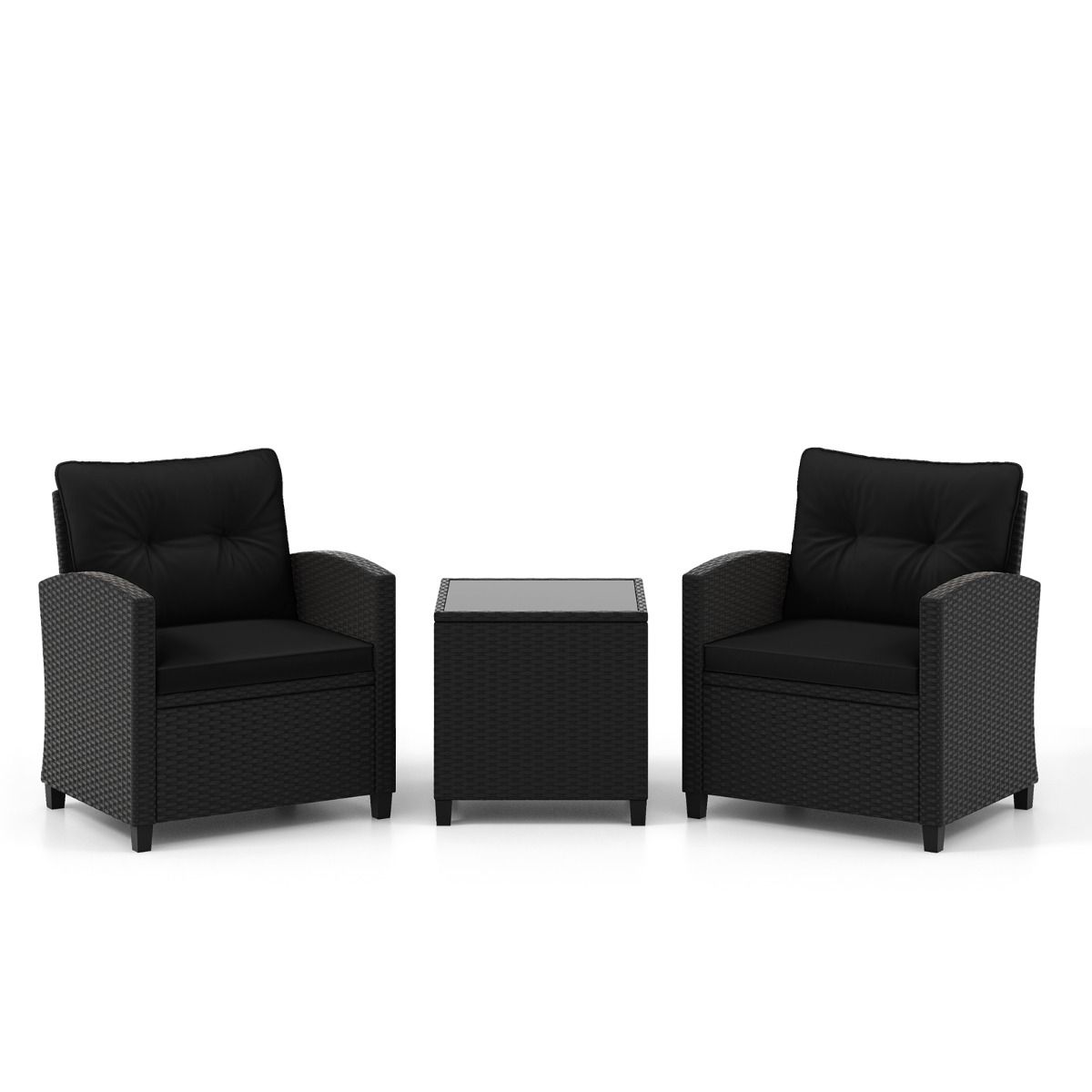 Ensemble de Meubles 3 Pièces de Patio en Rotin Charge 180KG Salon de Jardin 2 Fauteuils Table Basse avec Plateau Noir/Beige/Blanc -