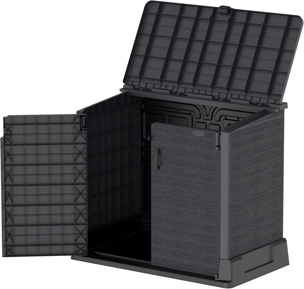 Duramax StoreAway 1200L Plastic Garden Shed/ Flat Lid,Outdoor Storage Shed,Wheelie Bin Hideaways,Wheelie bin box,Durable Construction,Ideal for Bikes,BBQs & 2x 240L Bins,145x85x125 cm,Brown