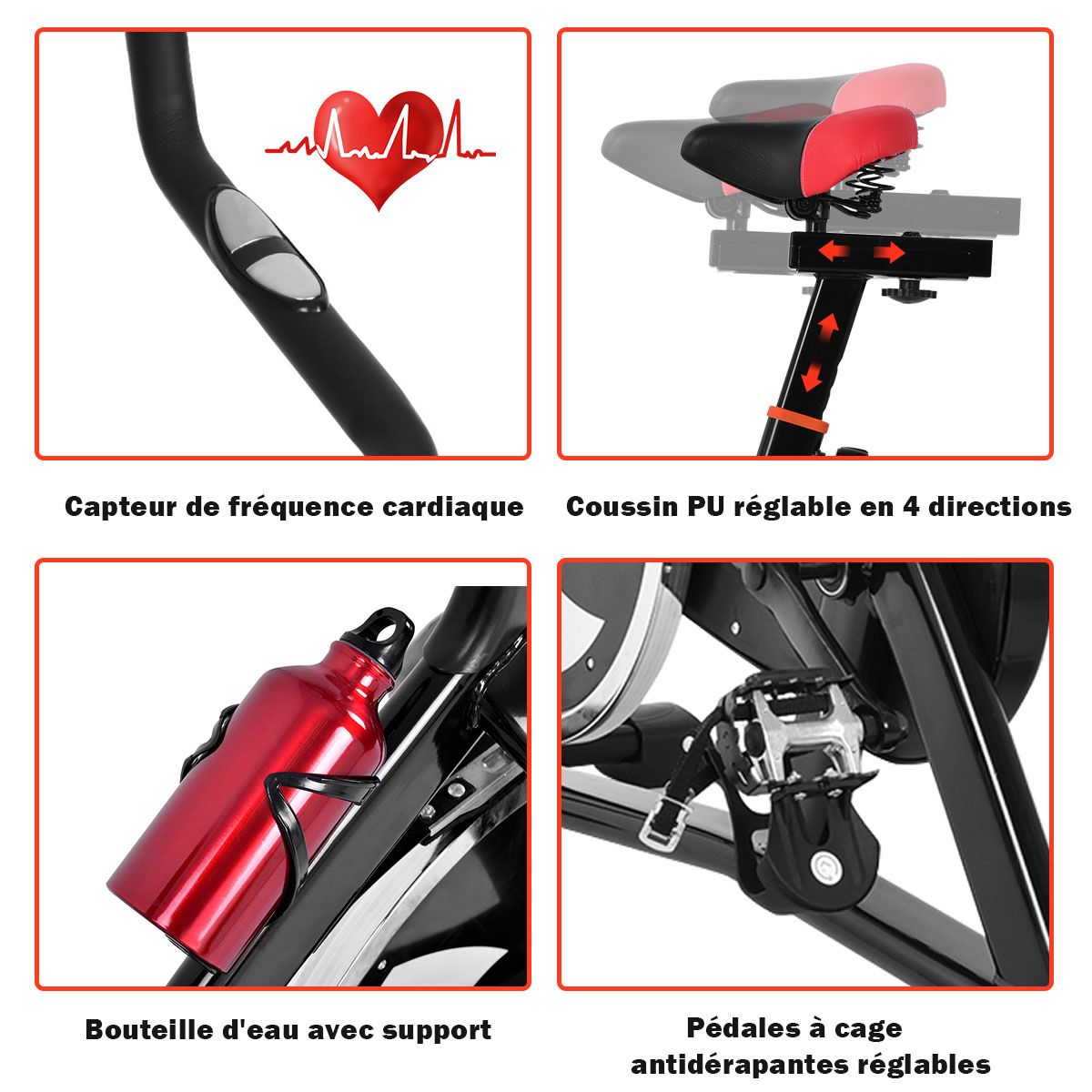 Vélo D’appartement Vélo Silencieux avec Courroie et Roue D’inertie en Fer de 10kg Guidon et Selle Ajustable Noir + Rouge -